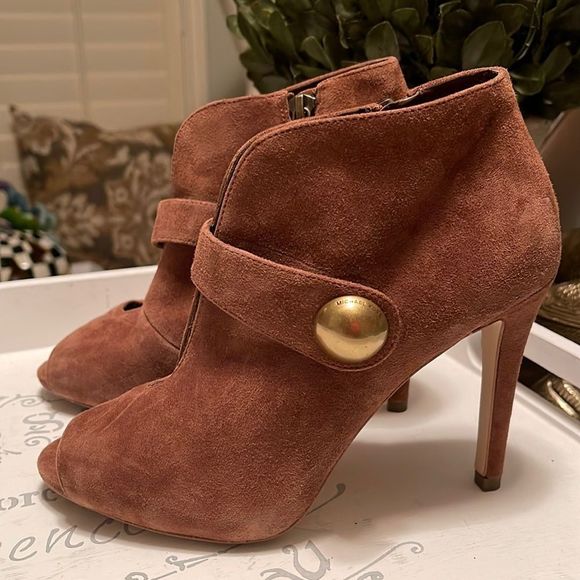 Michael Kors Agnes Tan Suede Peep Toe Ankle Stiletto Booties Boots 6 M - Picture 1 of 9